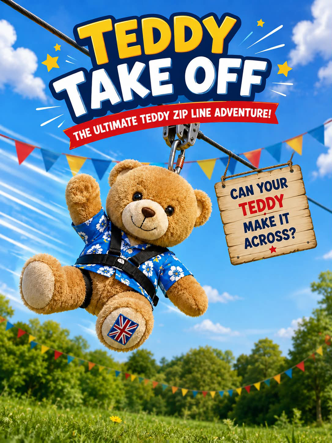 Teddy bear on a zipline